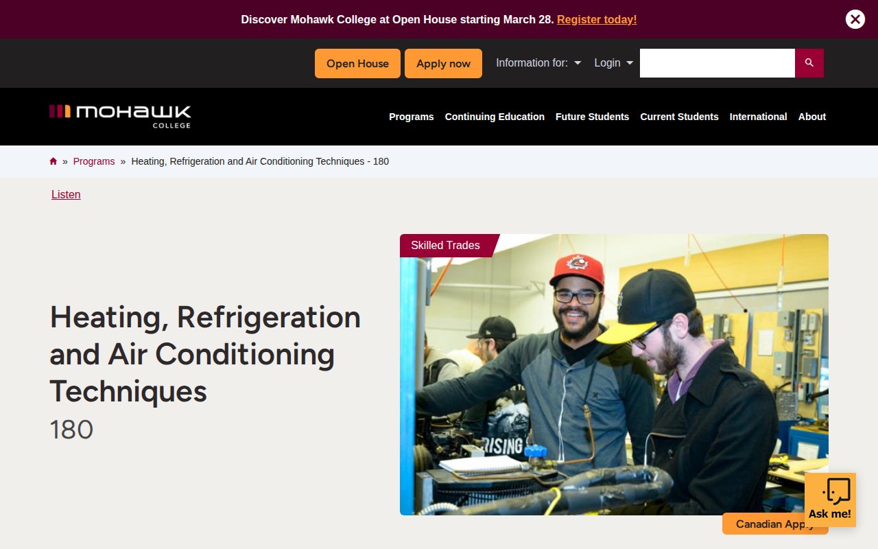 Mohawk College — Heating, Refrigeration and Air Conditioning Techniques - 180 - website image