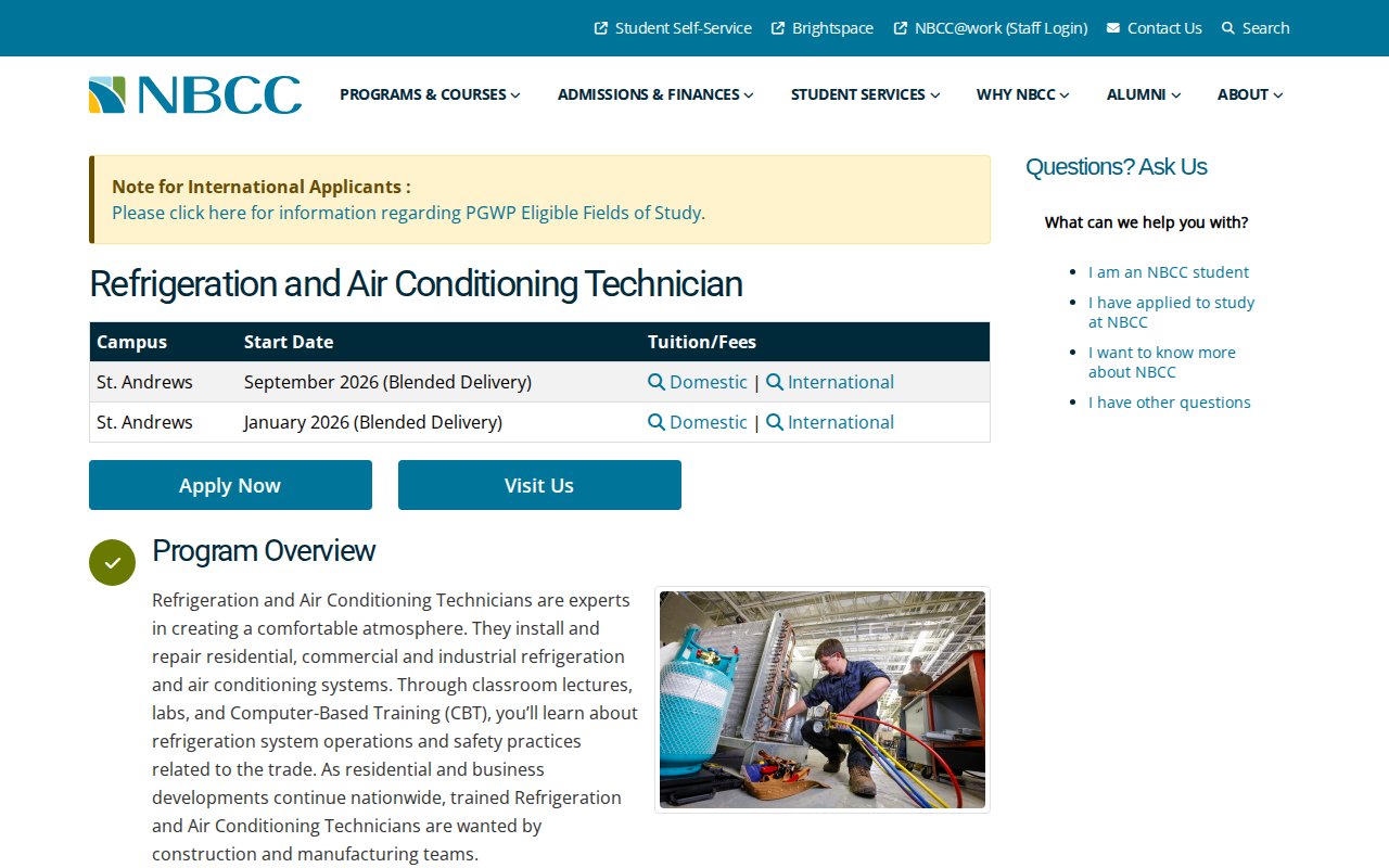 New Brunswick Community College (NBCC) — Refrigeration and Air Conditioning Technician - website image