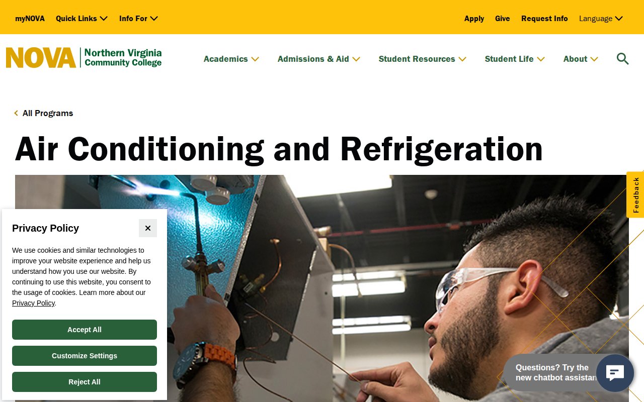Northern Virginia Community College — Air Conditioning and Refrigeration (AAS) - website image
