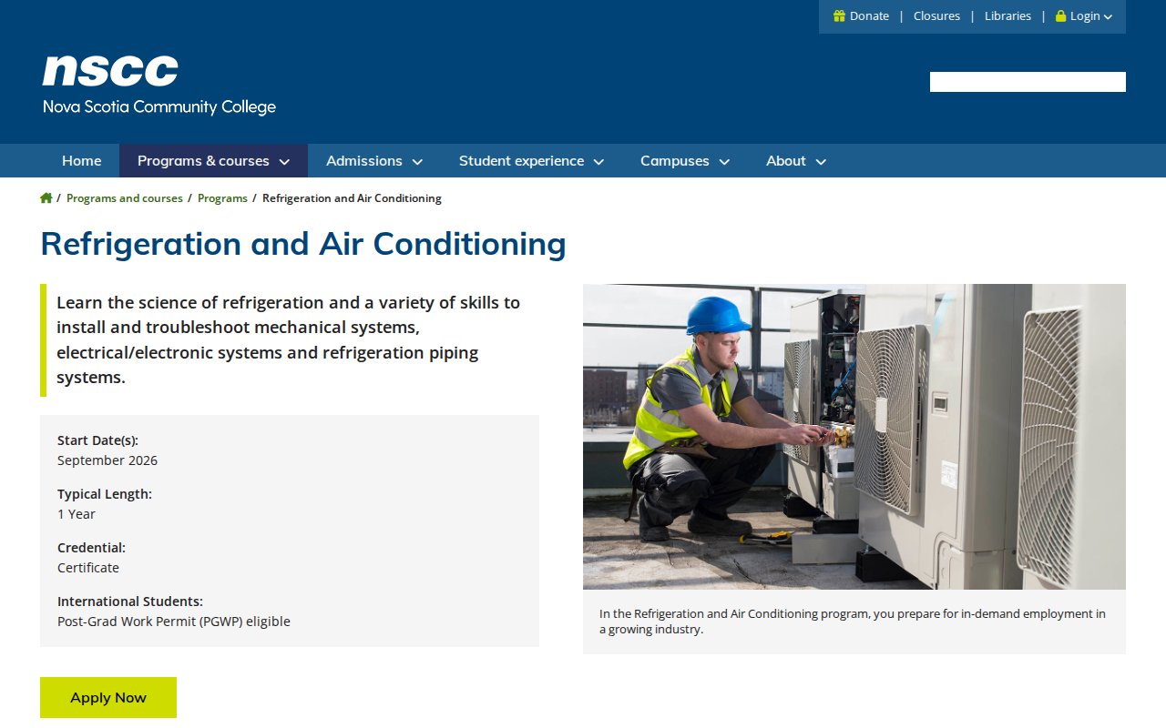 Nova Scotia Community College (NSCC) — Refrigeration and Air Conditioning Technician - website image
