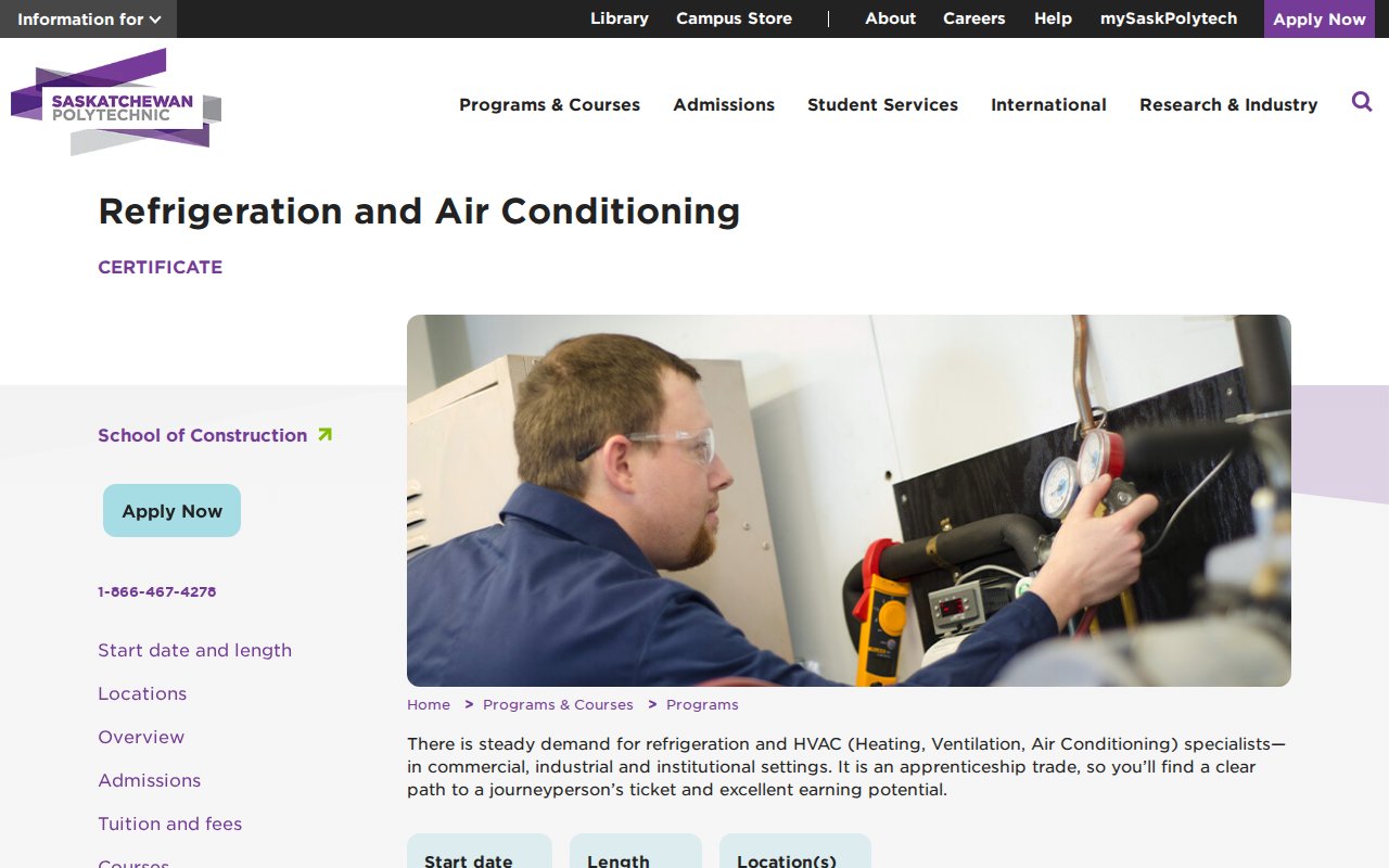 Saskatchewan Polytechnic — Refrigeration and Air Conditioning Certificate - website image