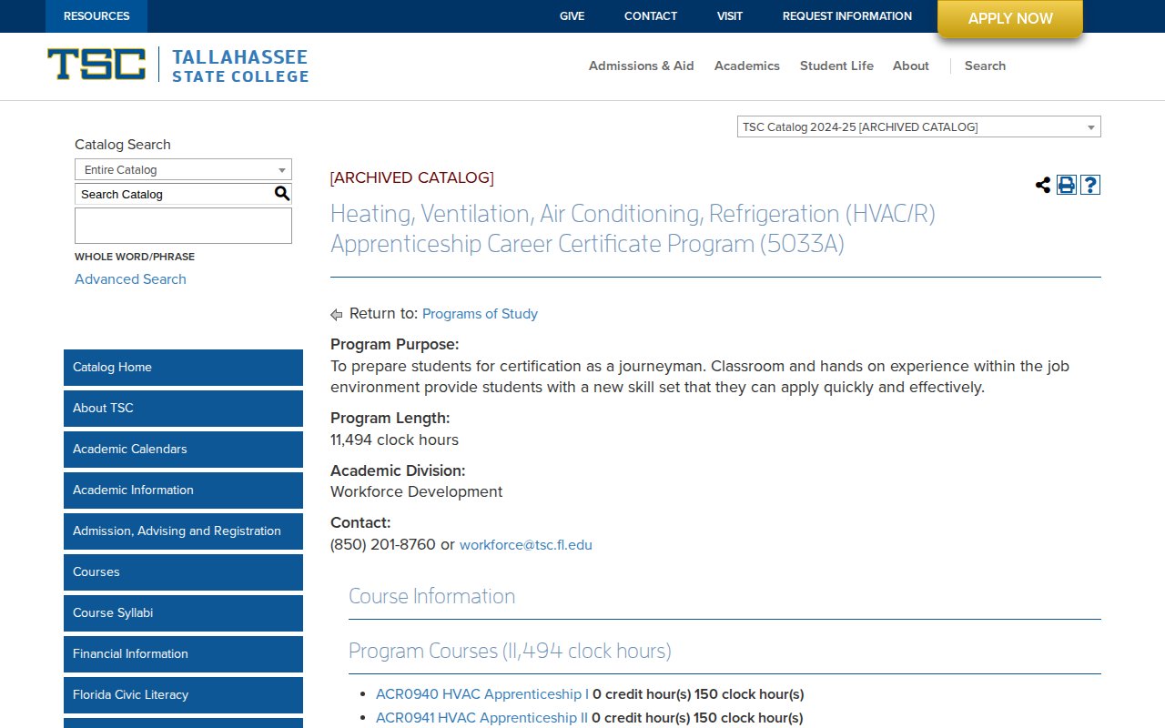 Tallahassee State College — Heating, Ventilation, Air Conditioning, Refrigeration (HVAC/R) Career Certificate Program (5033A) - website image