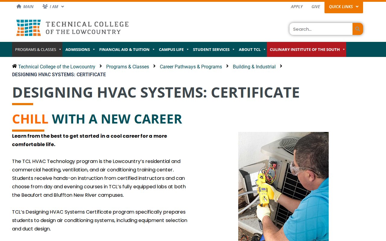 Technical College of the Lowcountry — Designing HVAC Systems Certificate - website image