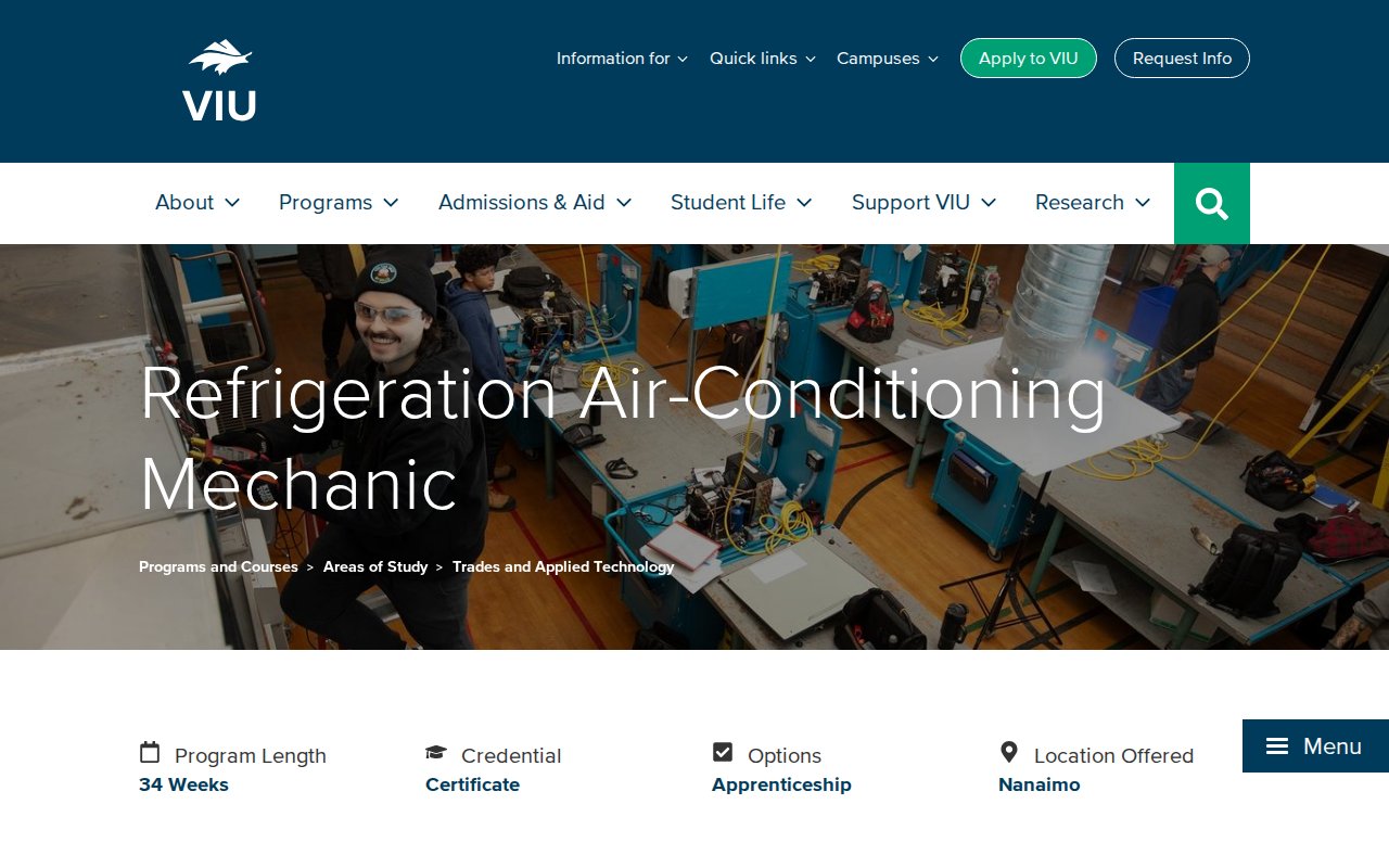 Vancouver Island University (VIU) — Refrigeration Air-Conditioning Mechanic Certificate - website image
